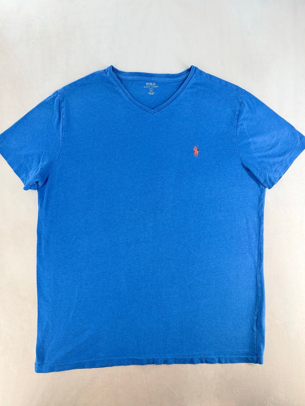 Polo Ralph Lauren Blue V-Neck T-Shirt Men’s Large Orange Pony Logo